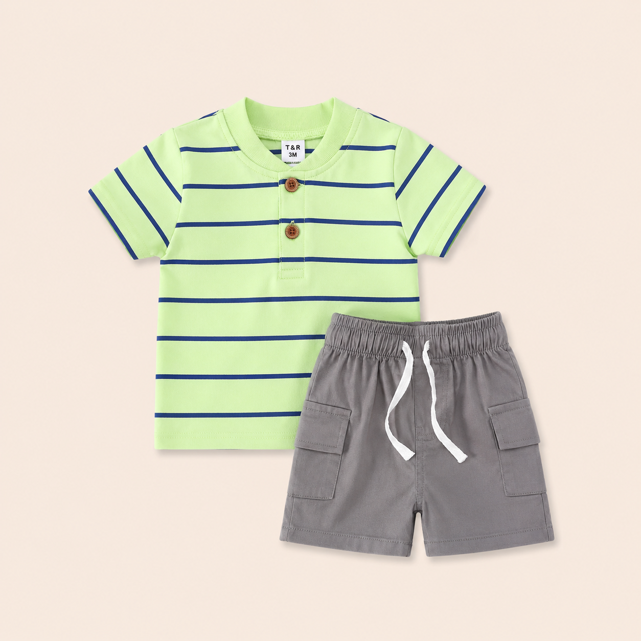 Jongens zomerset 2-delig – marine gestreept shirt met cargo shorts