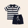 Jongens zomerset 2-delig – marine gestreept shirt met cargo shorts