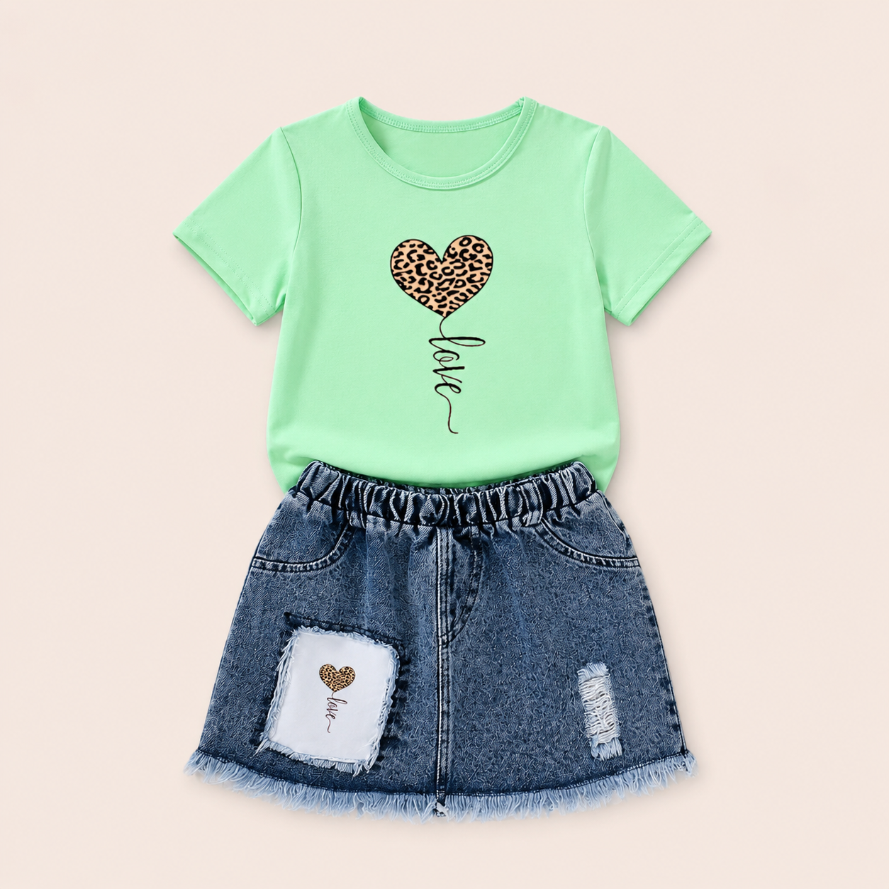 Stoere Set met Luipaardhart T-shirt en Denim Rok voor Meisjes