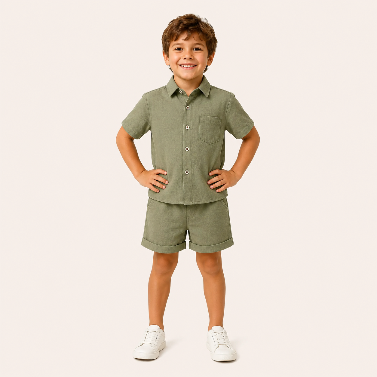 Jongens 2-delige zomerset met katoenen overhemd en shorts – Groen
