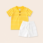Jongens zomerset 2-delig – marine gestreept shirt met cargo shorts