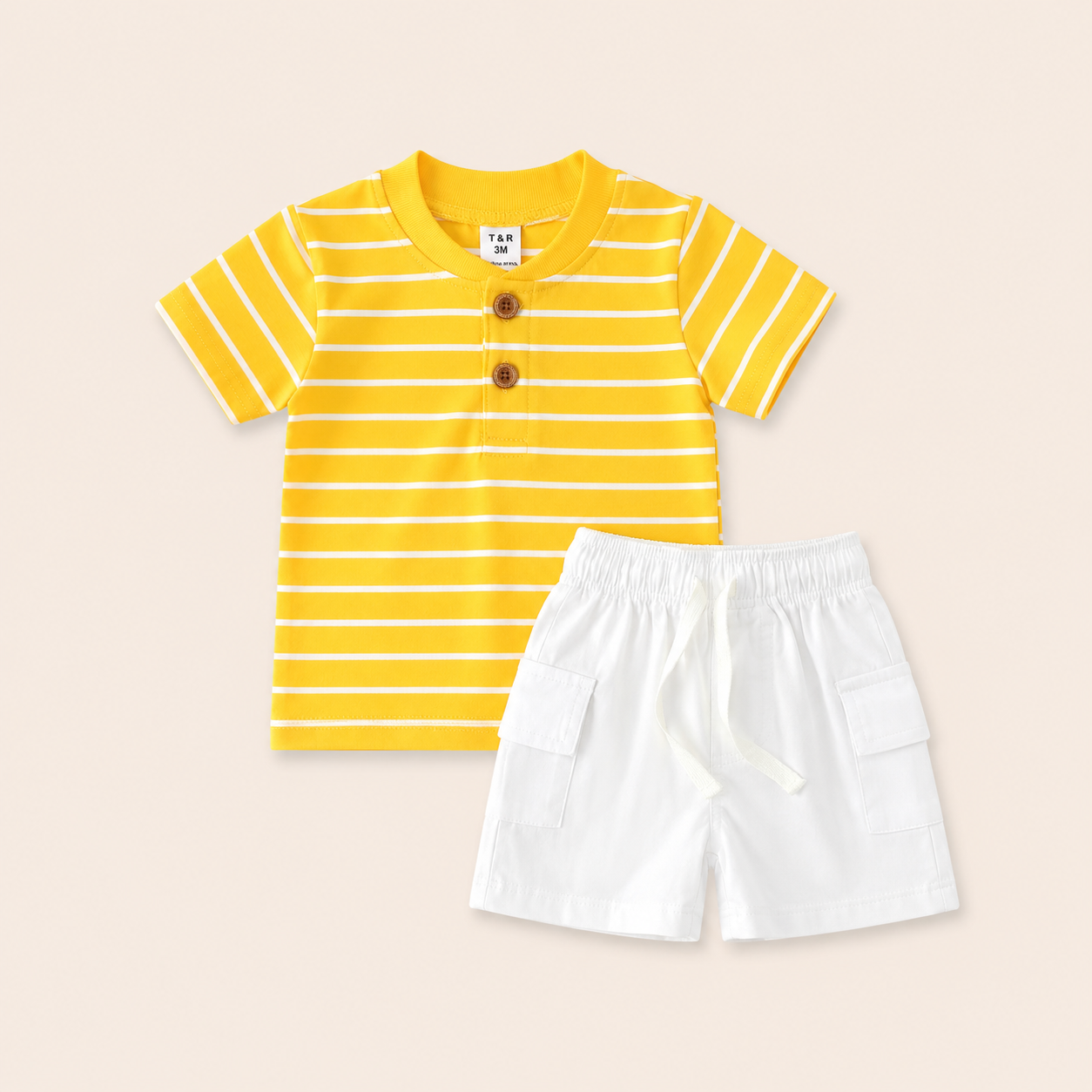 Jongens zomerset 2-delig – marine gestreept shirt met cargo shorts