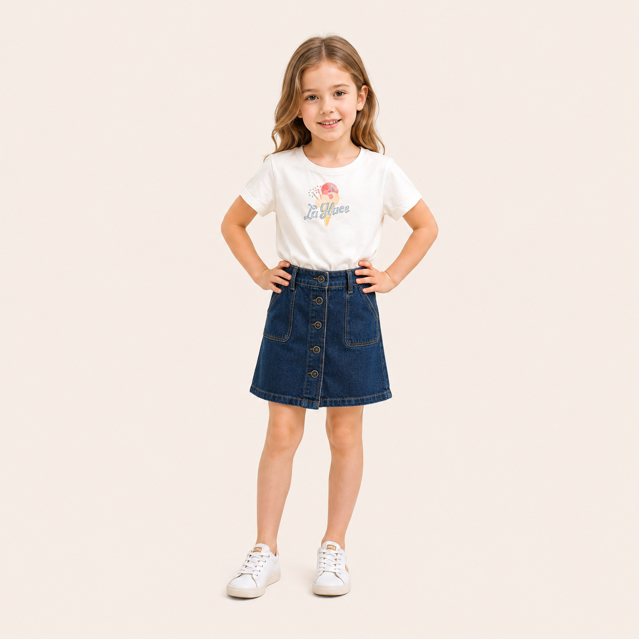 2-Delige Meisjesset met IJsprint T-shirt en Denim Rok