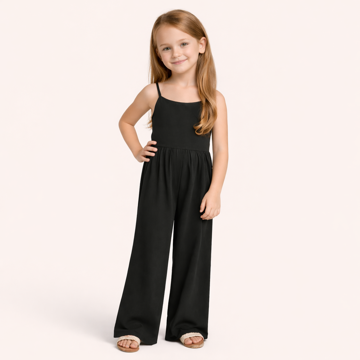 Meisjes jumpsuit zomer – spaghetti bandjes & wijde pijpen