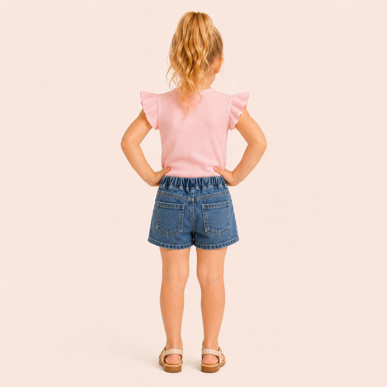 Meisjes zomer set 2-delig – rib top met strass steentjes met denim short