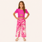 Meisjes zomerset 2- delig - roze top met tropische flare broek