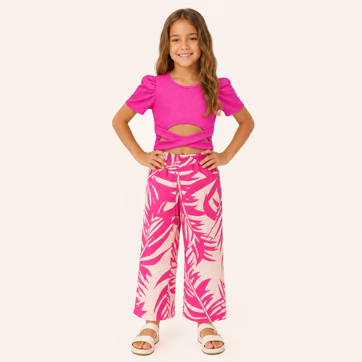 Meisjes zomerset 2- delig - roze top met tropische flare broek