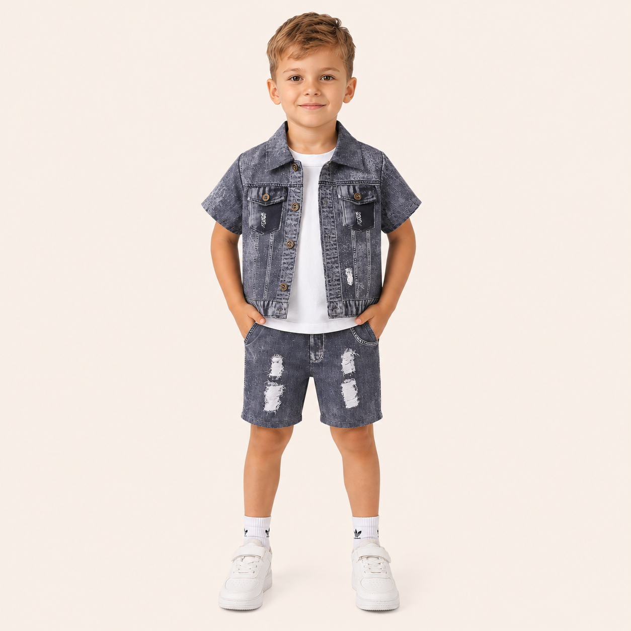 Jongens Zomerset Denim-look – Shirt & Gescheurde Shorts