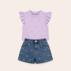 Meisjes zomer set 2-delig – rib top met strass steentjes met denim short