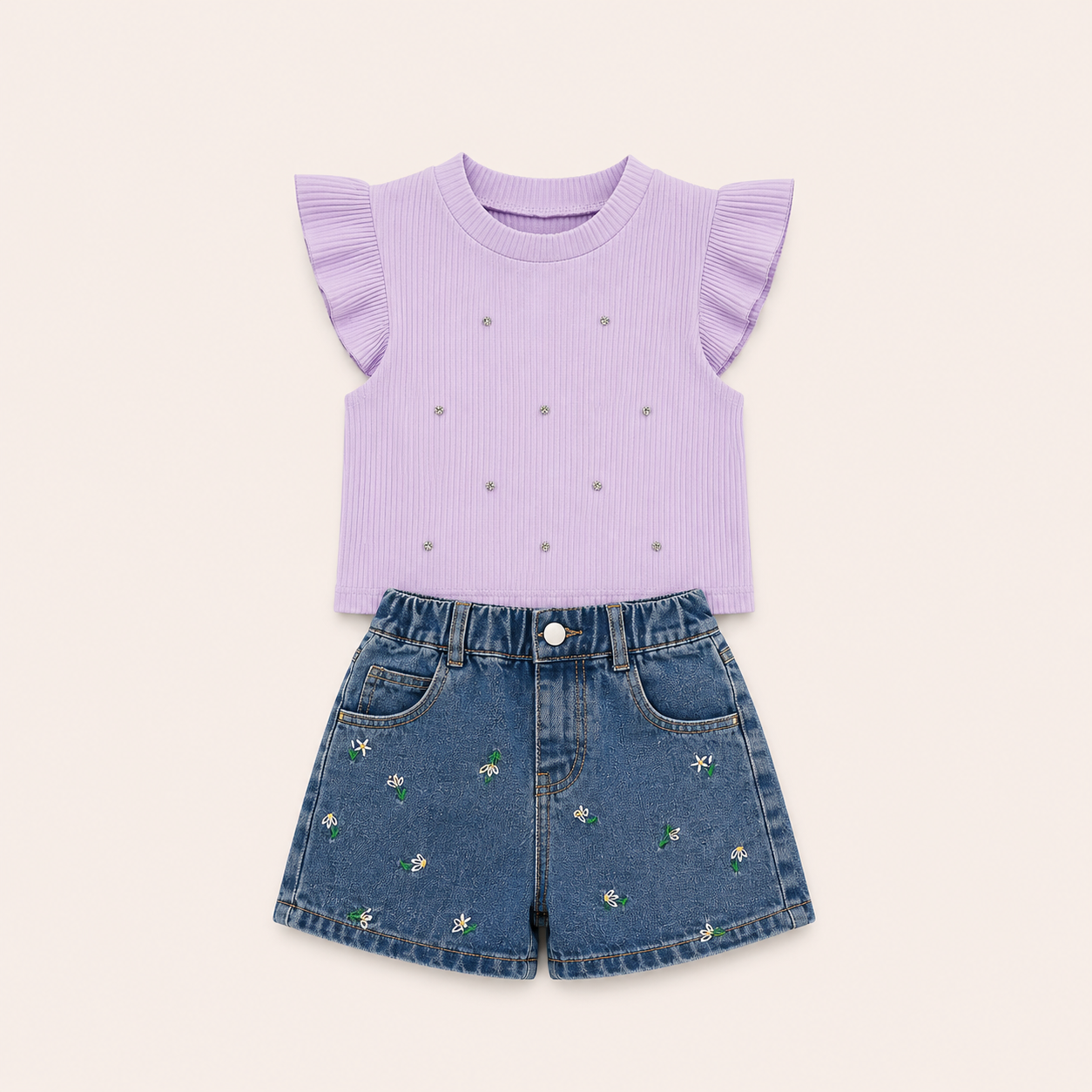 Meisjes zomer set 2-delig – rib top met strass steentjes met denim short