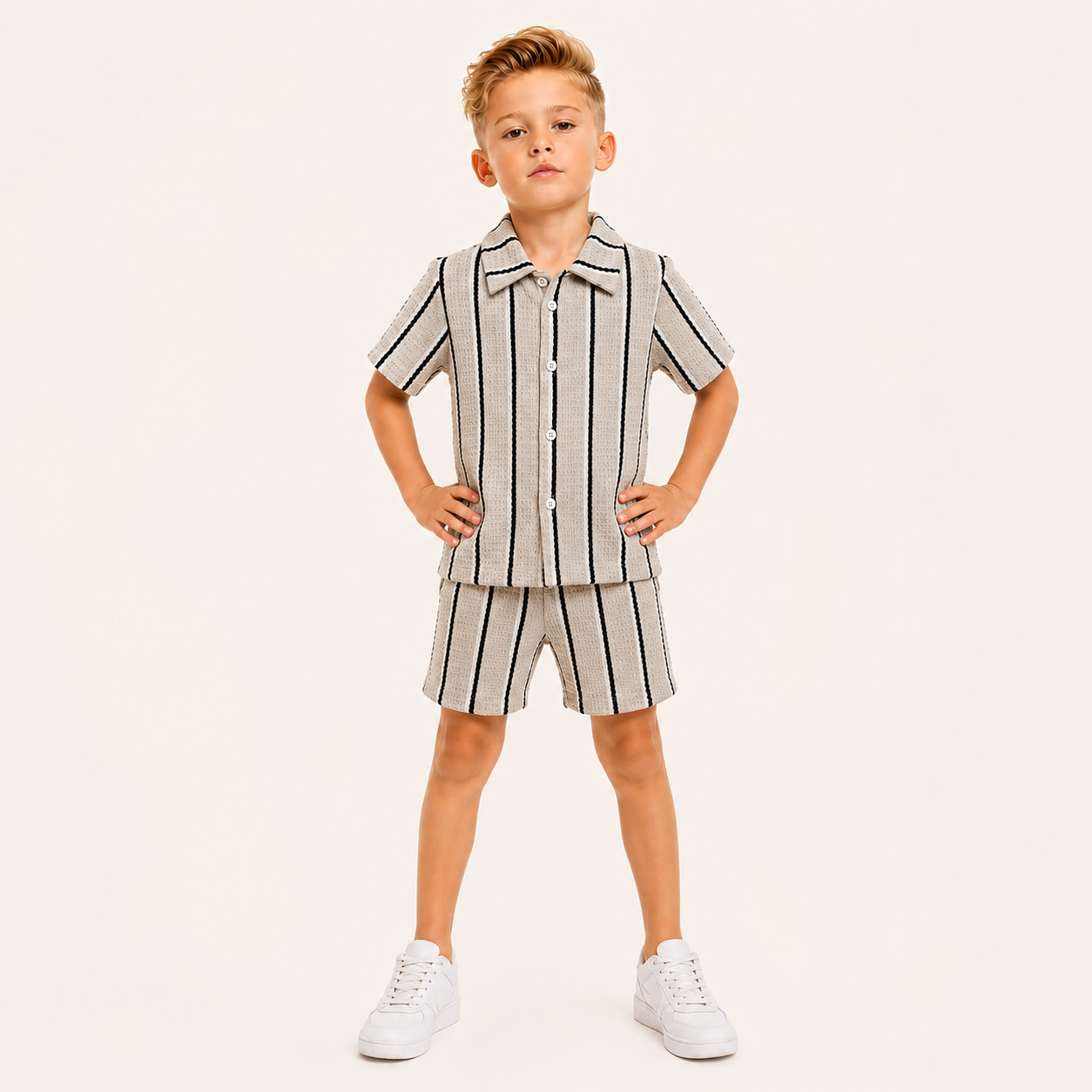 Jongens 2-delige Gestreepte Zomerset met Wafelstructuur | Grijs