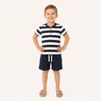 Jongens zomerset 2-delig – marine gestreept shirt met cargo shorts