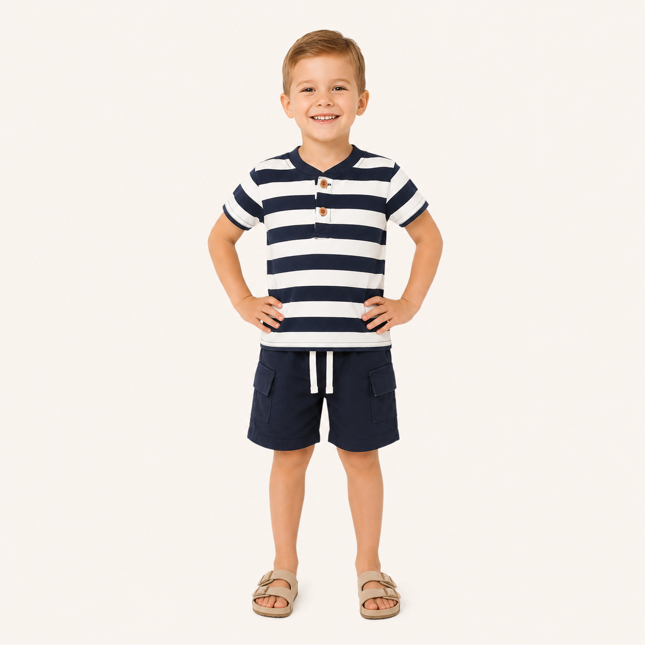 Jongens zomerset 2-delig – marine gestreept shirt met cargo shorts