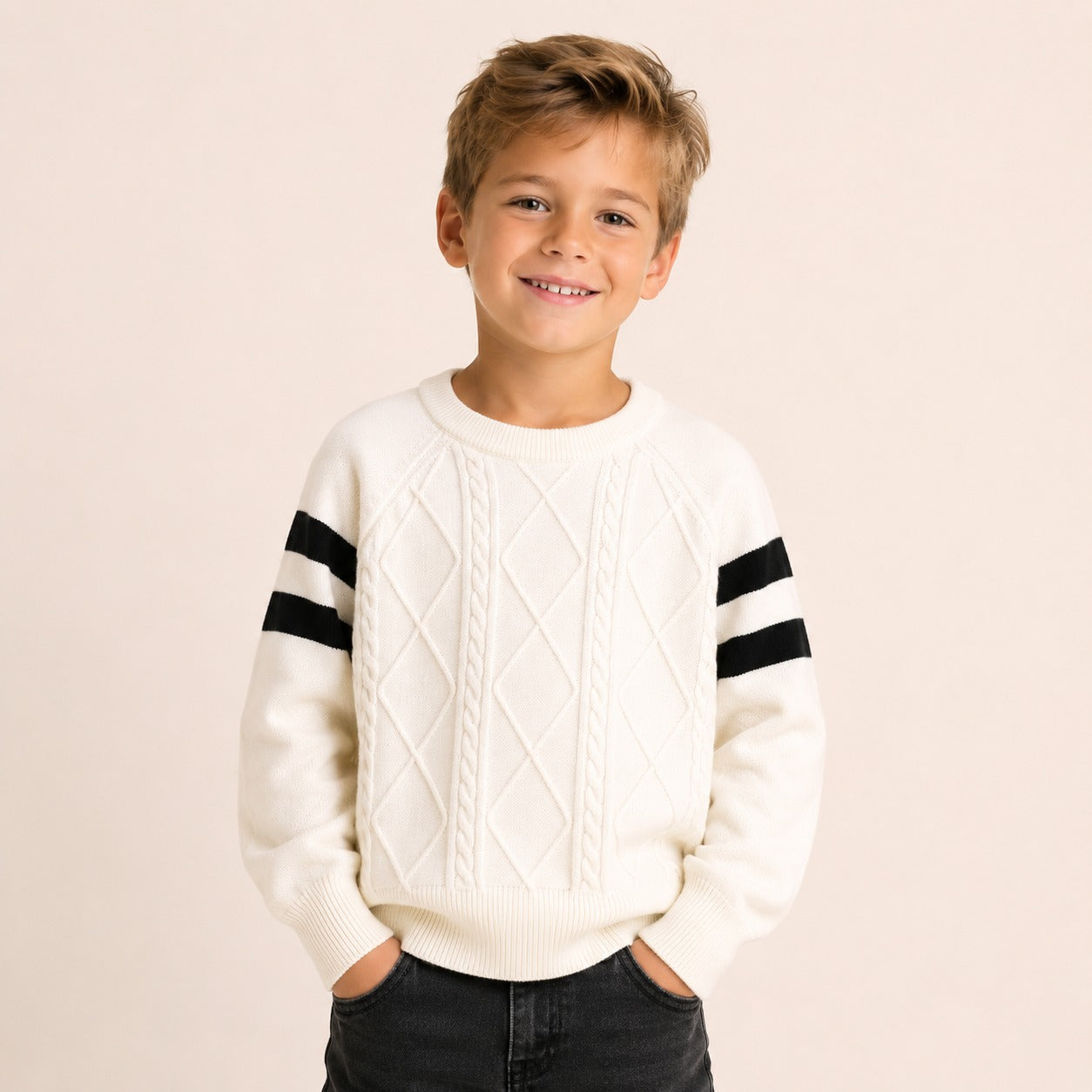 Jongens Kabelgebreide Raglan Trui met Streepdetail