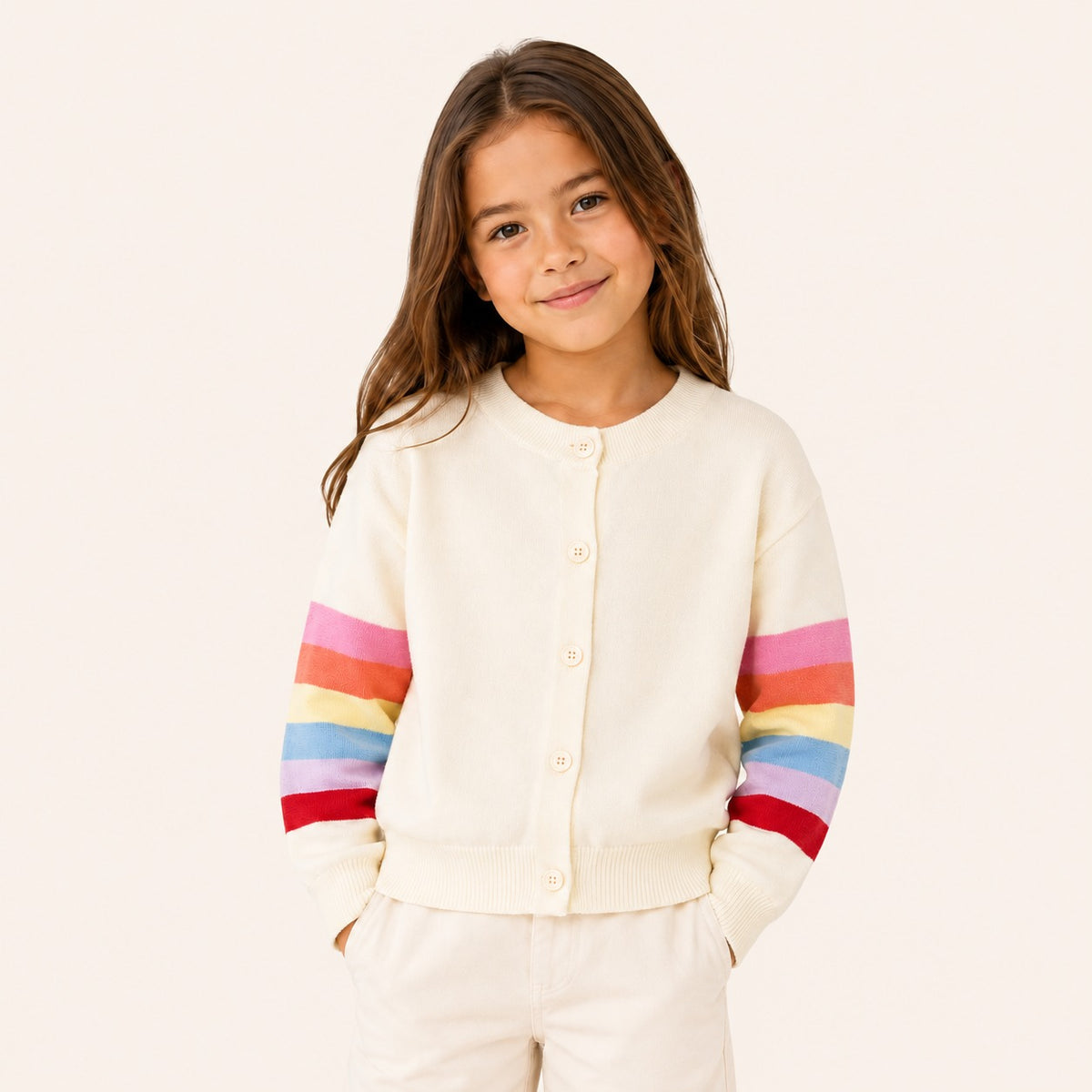 Meisjes Gebreid Vest met Regenboogstrepen op de Mouwen