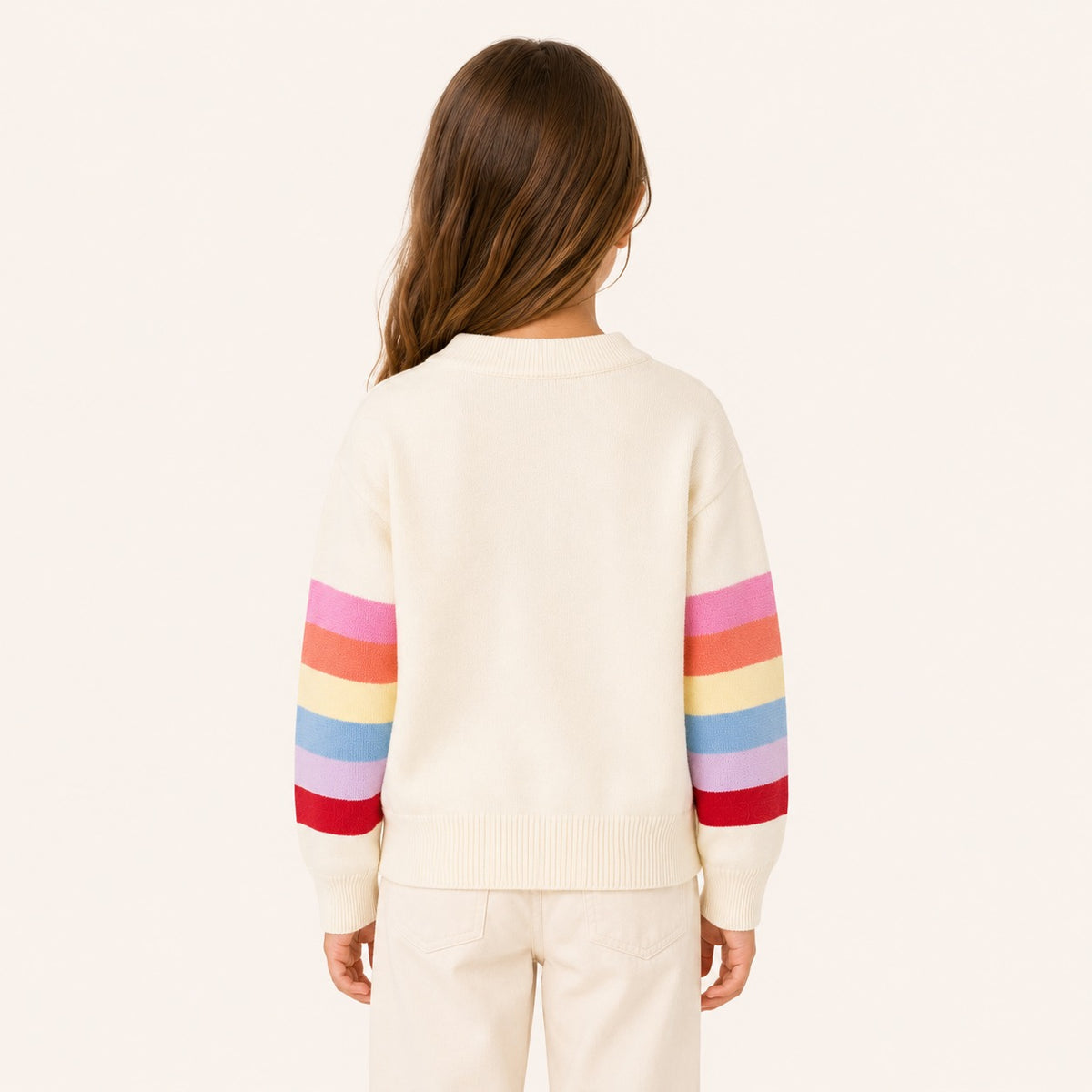 Meisjes Gebreid Vest met Regenboogstrepen op de Mouwen