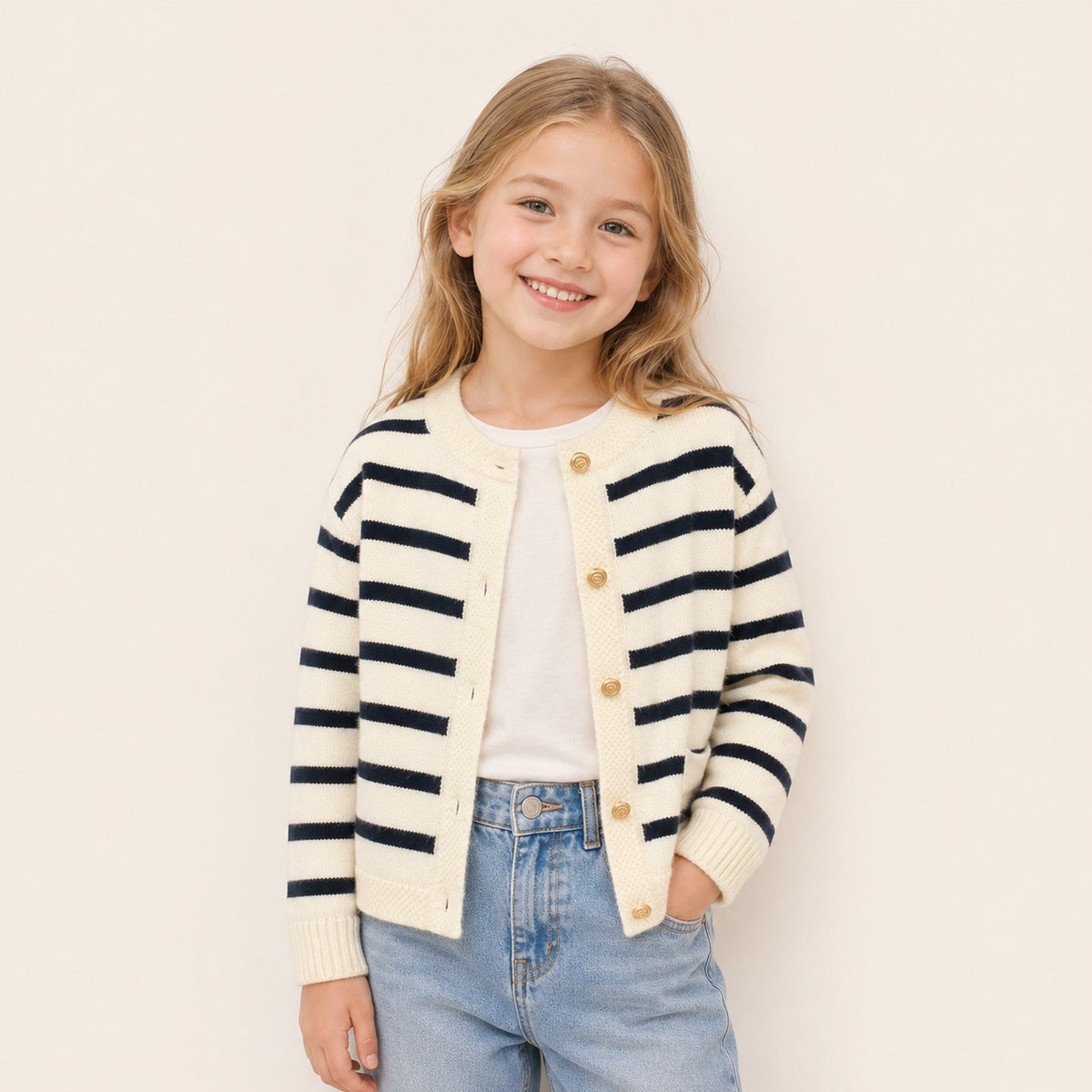 Meisjes Gestreept Vest met Knopen - Marineblauw