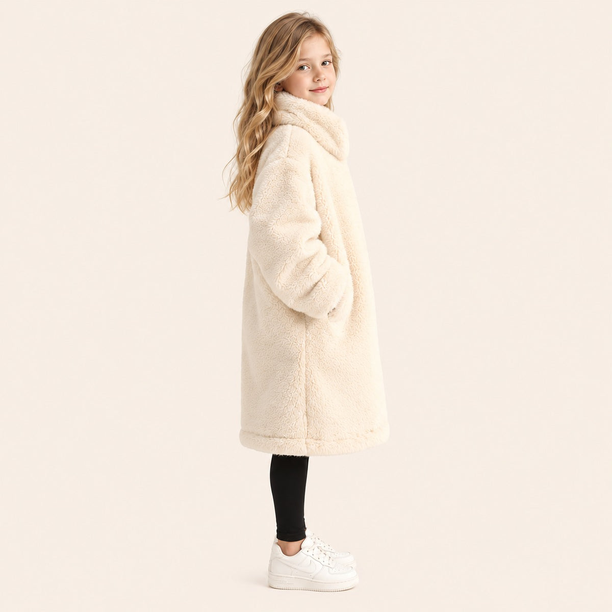 Meisjes Lange Bontlook Jas - Gebroken Wit