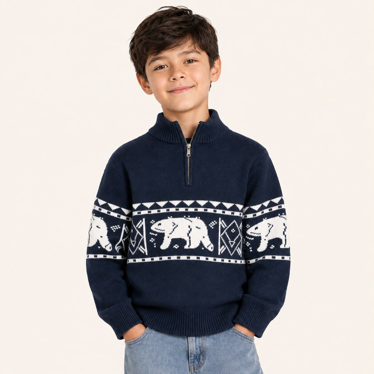 Jongens Trui met IJsbeer Jacquard | Halfhoge Kraag