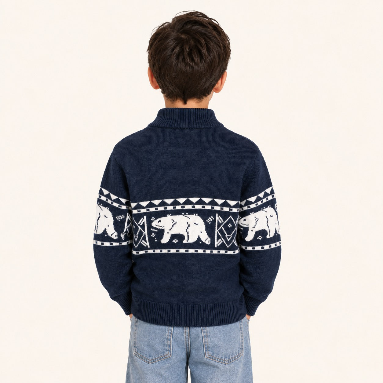 Jongens Trui met IJsbeer Jacquard | Halfhoge Kraag
