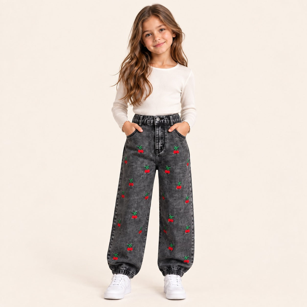 Meisjes Wijde Jeans met Kersen Borduursel | 3 kleuren