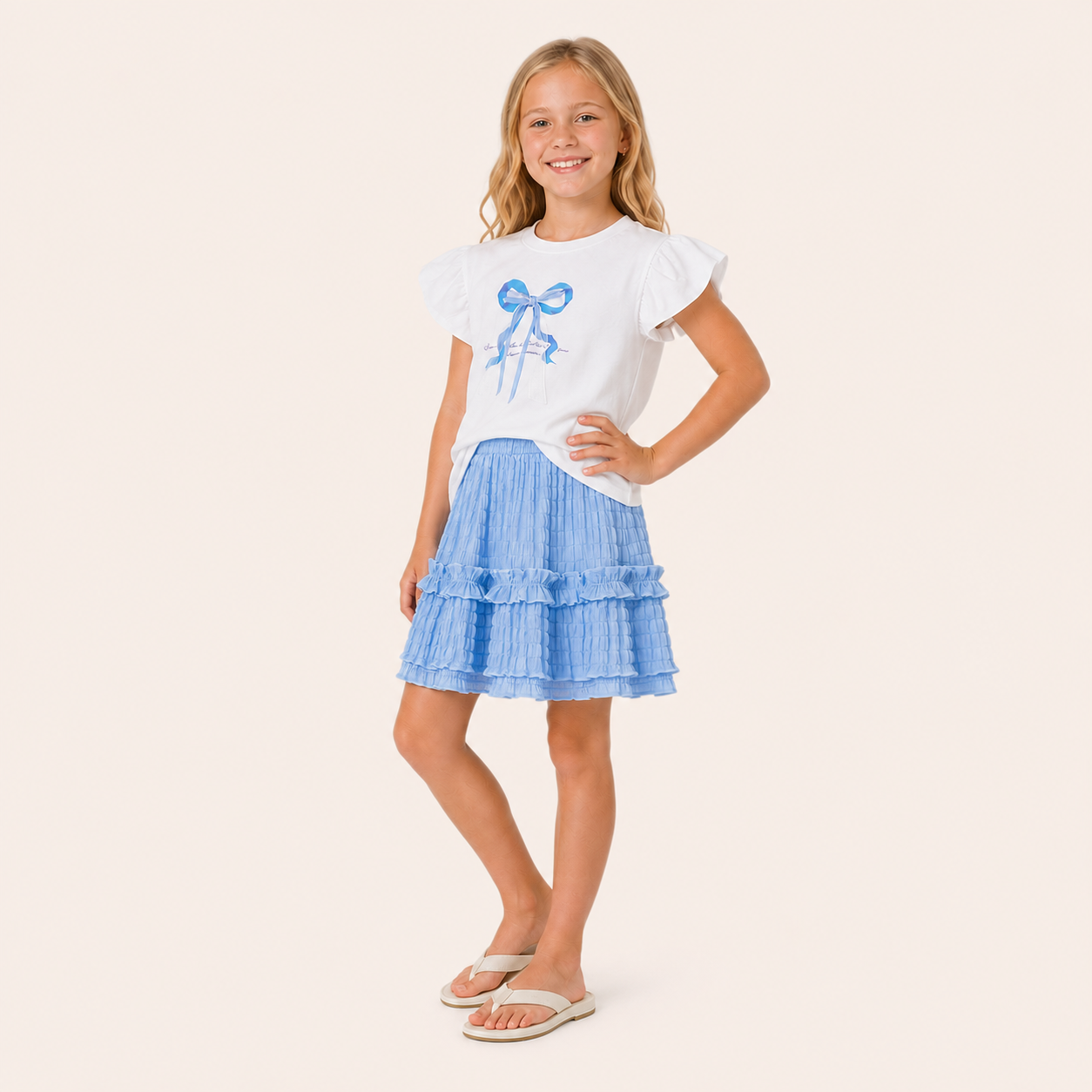 Meisjes 2-delige Set met Strik Topje en Gelaagde Rok | Blauw-Wit