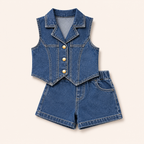Meisjes 2-delige denim set met gilet en shorts