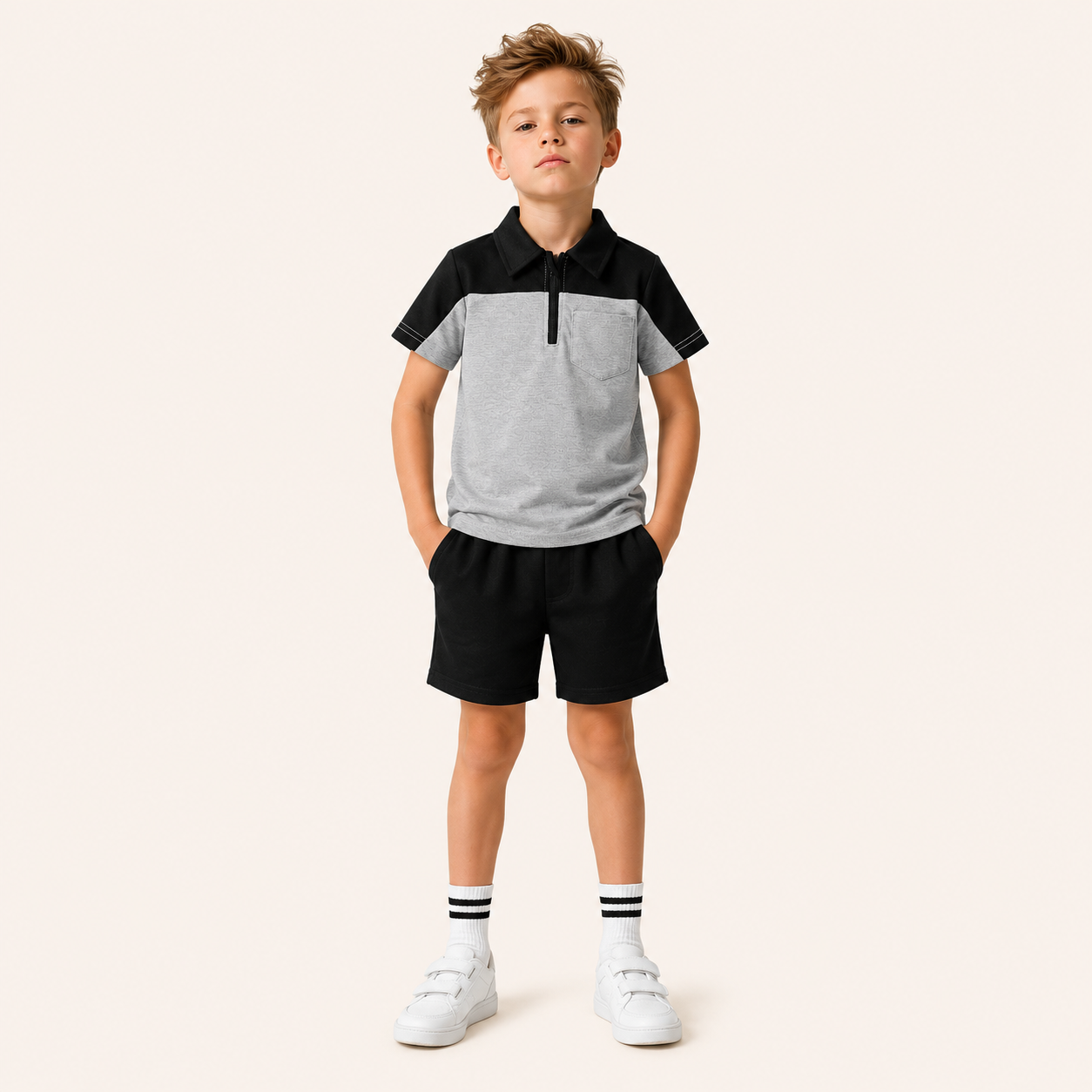 Stoer & Sportief - 2-Delige Jongensset met Kleurblok Polo Rits & Short