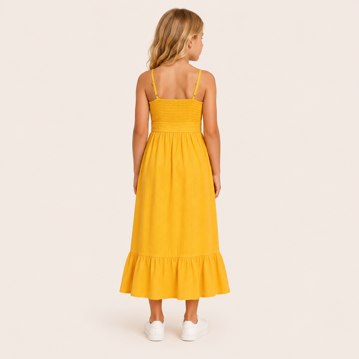 Meisjes Effen Maxi Jurk met Strik in Franse Stijl | Geel