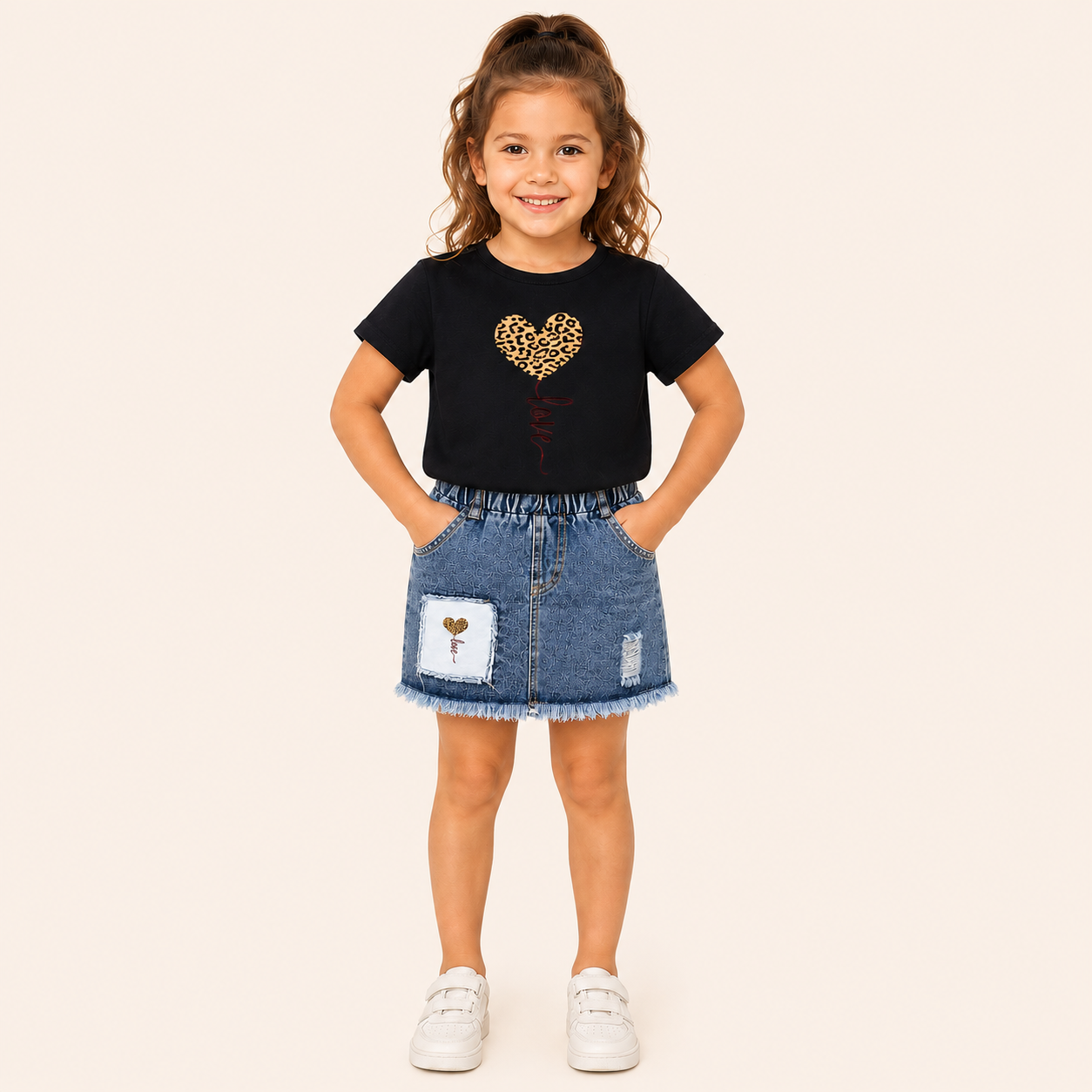 Stoere Set met Luipaardhart T-shirt en Denim Rok voor Meisjes