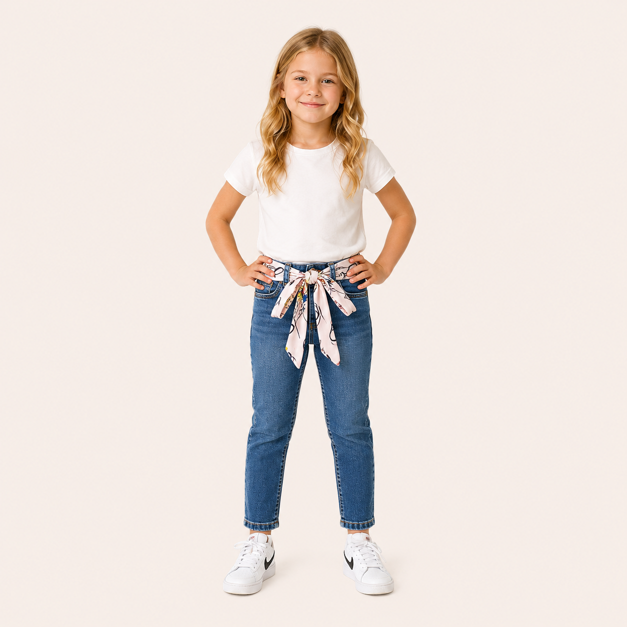 Meisjes Denim Jeans met Geprinte Sjaal Strik