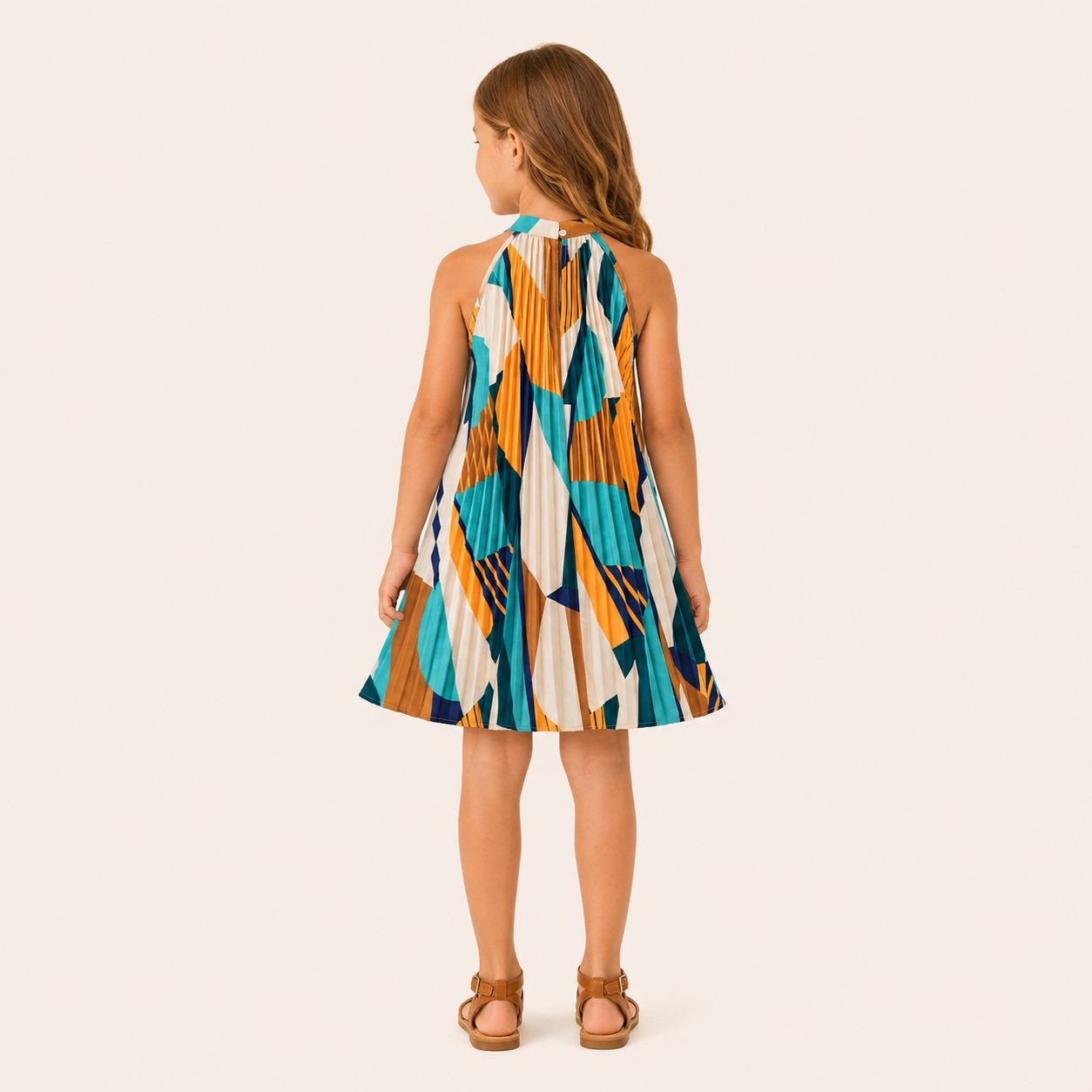 Geplooide Halter Jurk met Geometrische Print voor Meisjes
