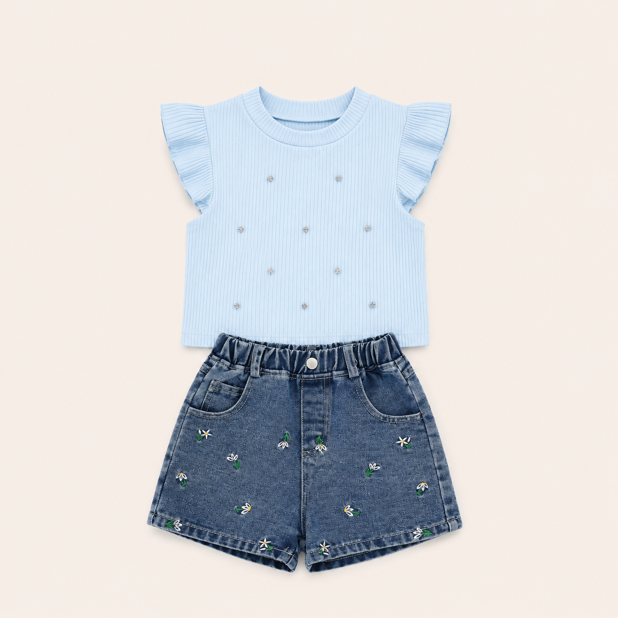 Meisjes zomer set 2-delig – rib top met strass steentjes met denim short