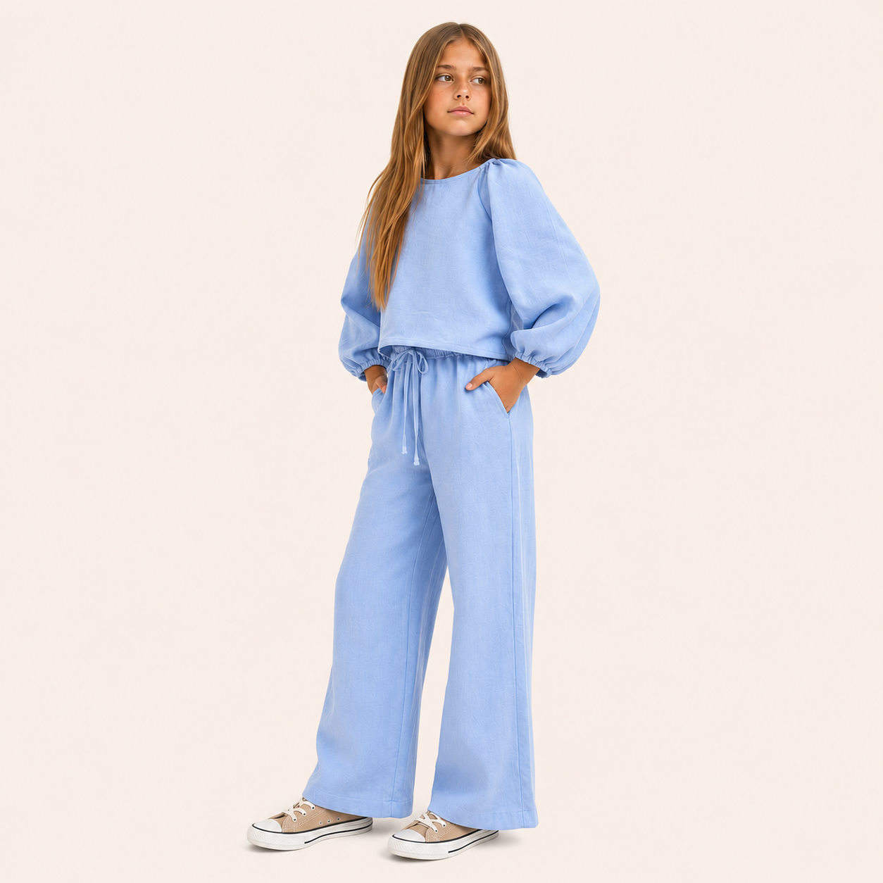 Meisjes 2-delige Linnen Set met Pofmouwen Top en Broek