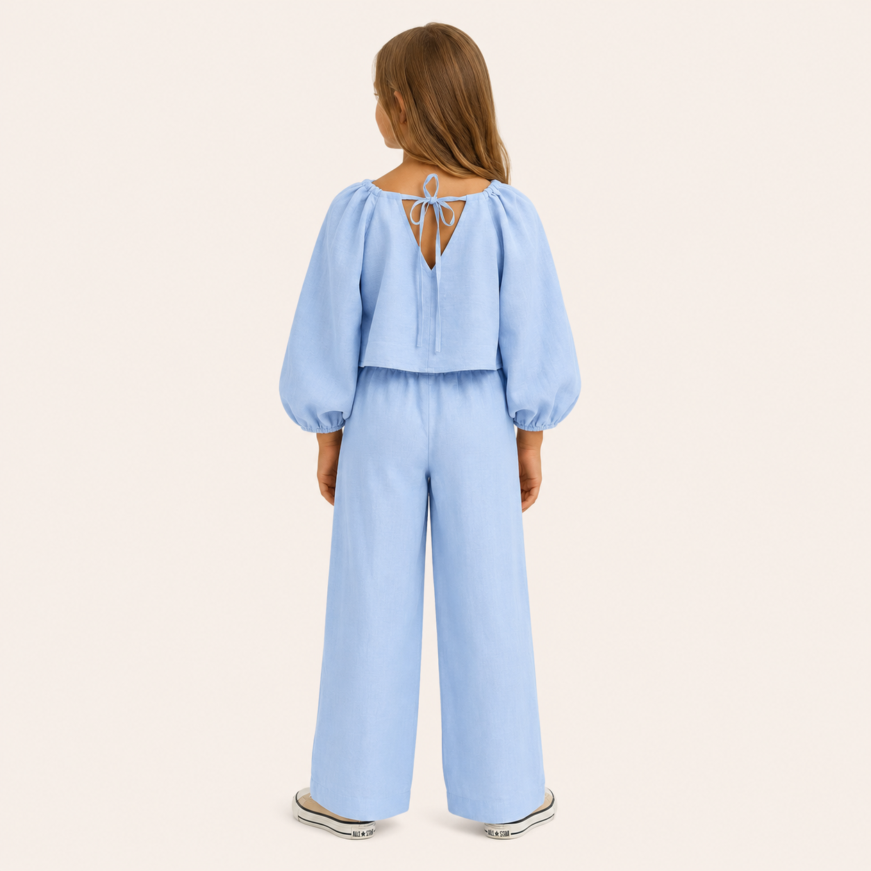 Meisjes 2-delige Linnen Set met Pofmouwen Top en Broek