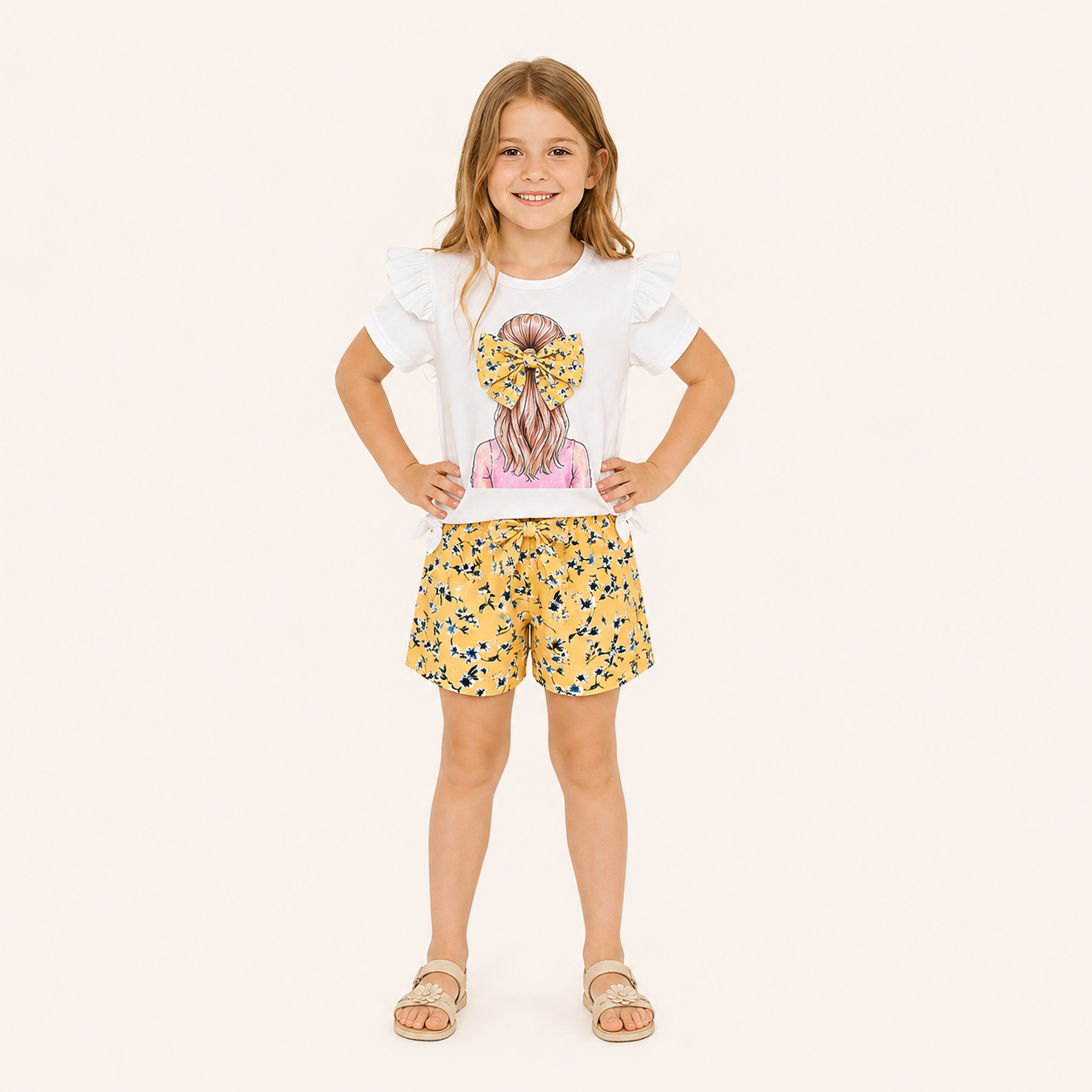 Meisjes 2-delige set met ruffle t-shirt en gele bloemetjesshort