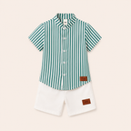 Jongens zomerset 2-delig – groen gestreept overhemd met witte shorts