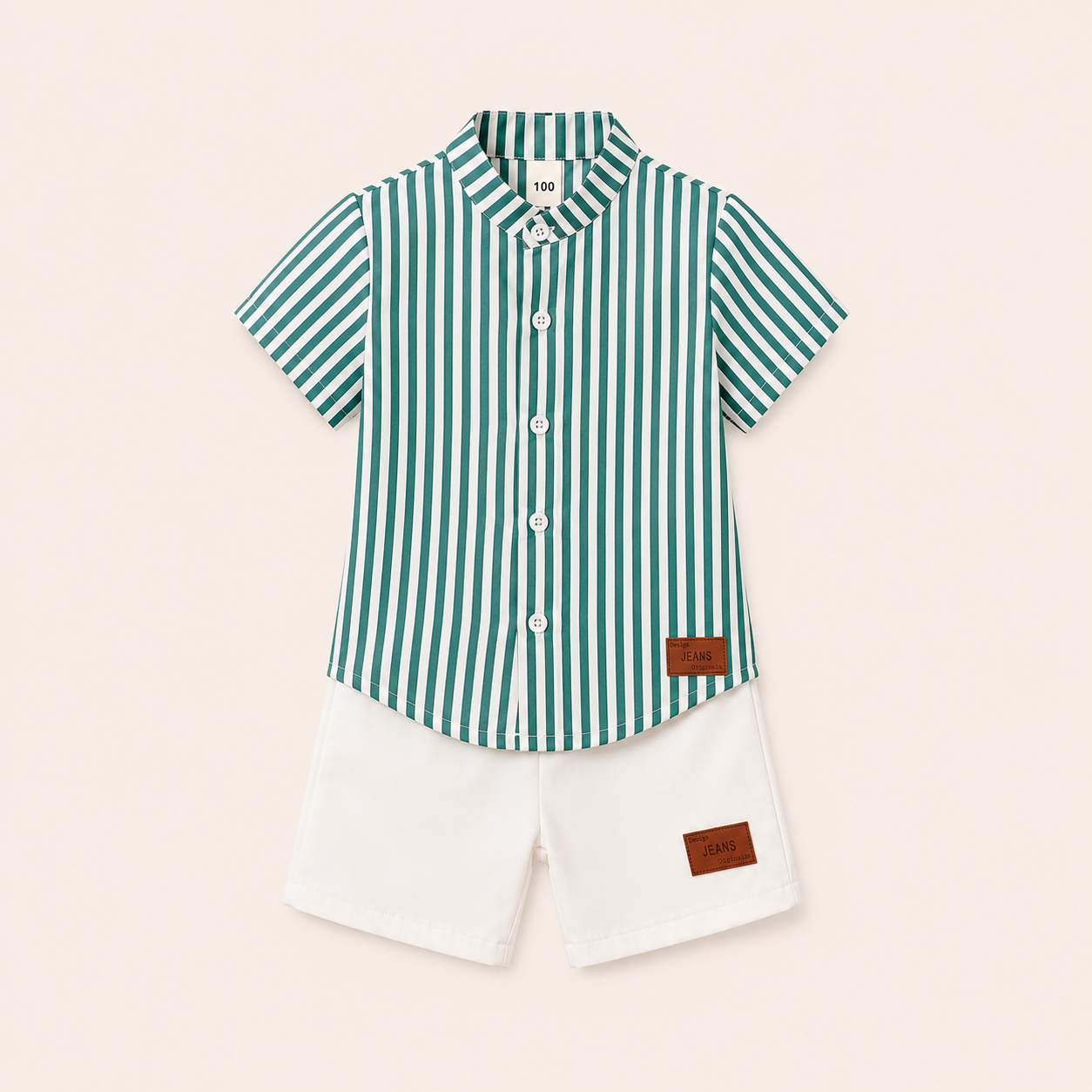 Jongens zomerset 2-delig – groen gestreept overhemd met witte shorts