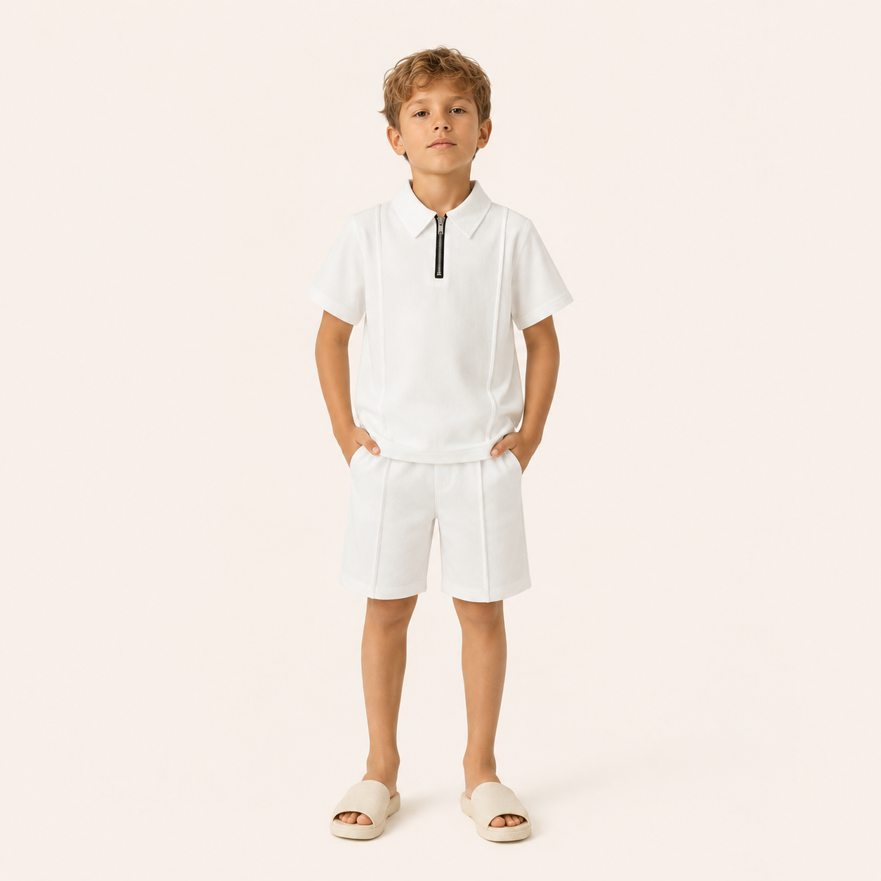 Jongens zomerset 2-delig – witte polo met rits en bijpassende shorts