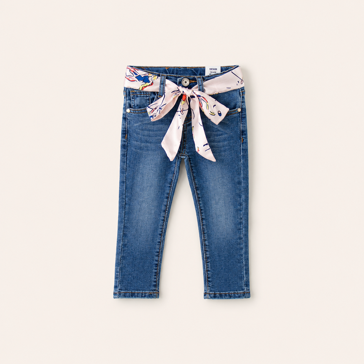 Meisjes Denim Jeans met Geprinte Sjaal Strik