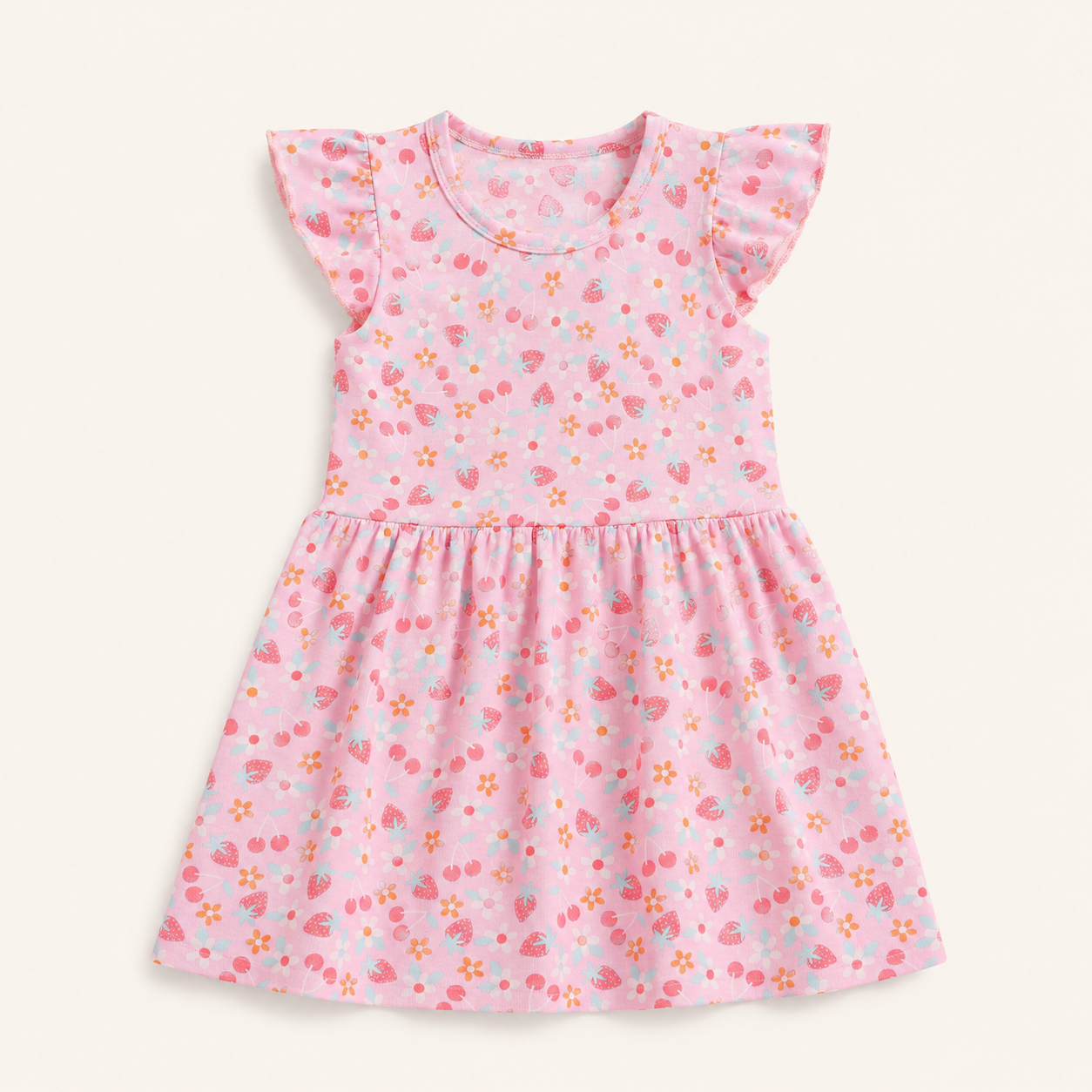 Meisjes Zomerjurk met Aardbei Print en Vlindermouwtjes | Roze