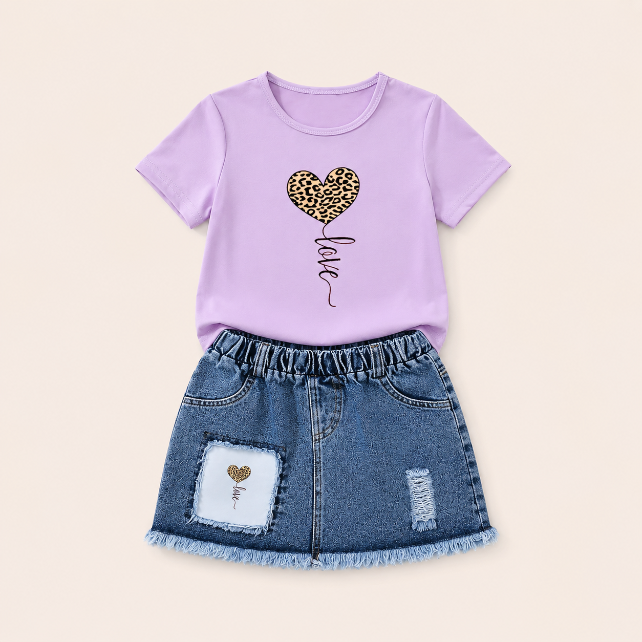 Stoere Set met Luipaardhart T-shirt en Denim Rok voor Meisjes