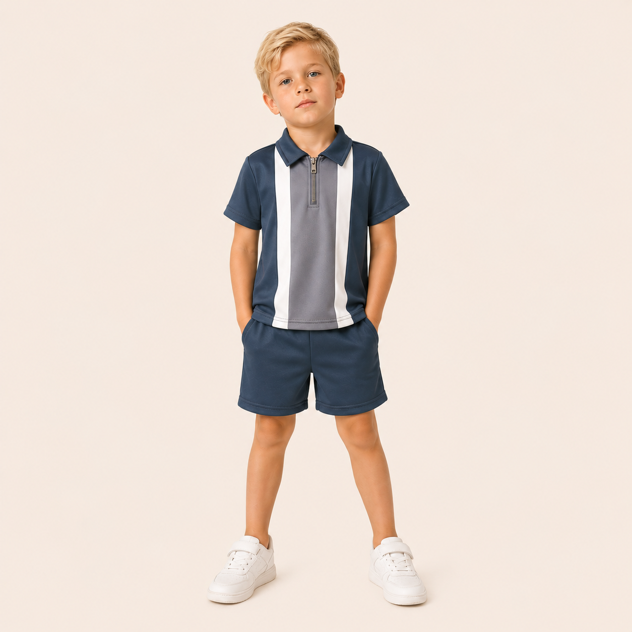 Jongens zomerset 2-delig – kleurblok polo met rits en shorts