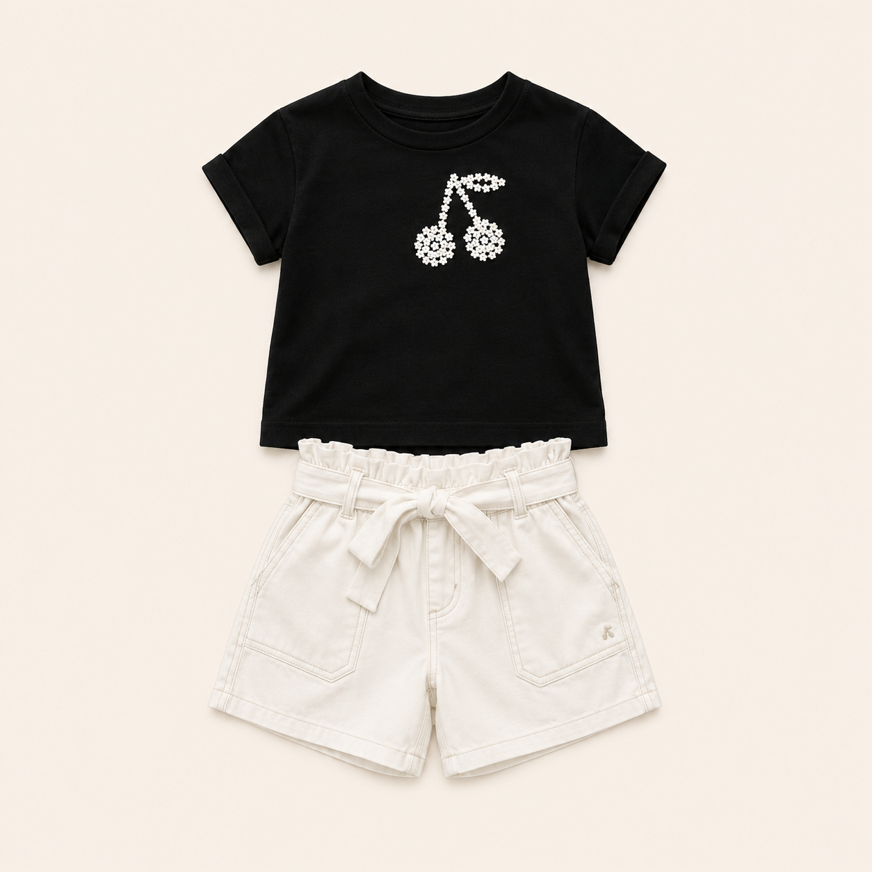 2-Delige Meisjesset met Kersen T-shirt en Witte Denim Short