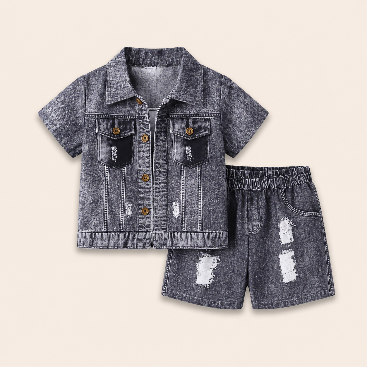 Jongens Zomerset Denim-look – Shirt & Gescheurde Shorts