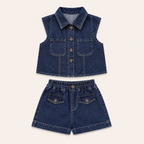 Meisjes 2-delige denim set met gilet en shorts