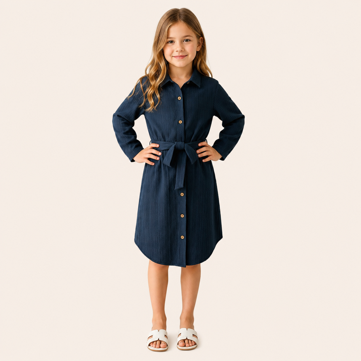 Meisjes blousejurk met strikceintuur in donkerblauw