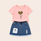 Stoere Set met Luipaardhart T-shirt en Denim Rok voor Meisjes