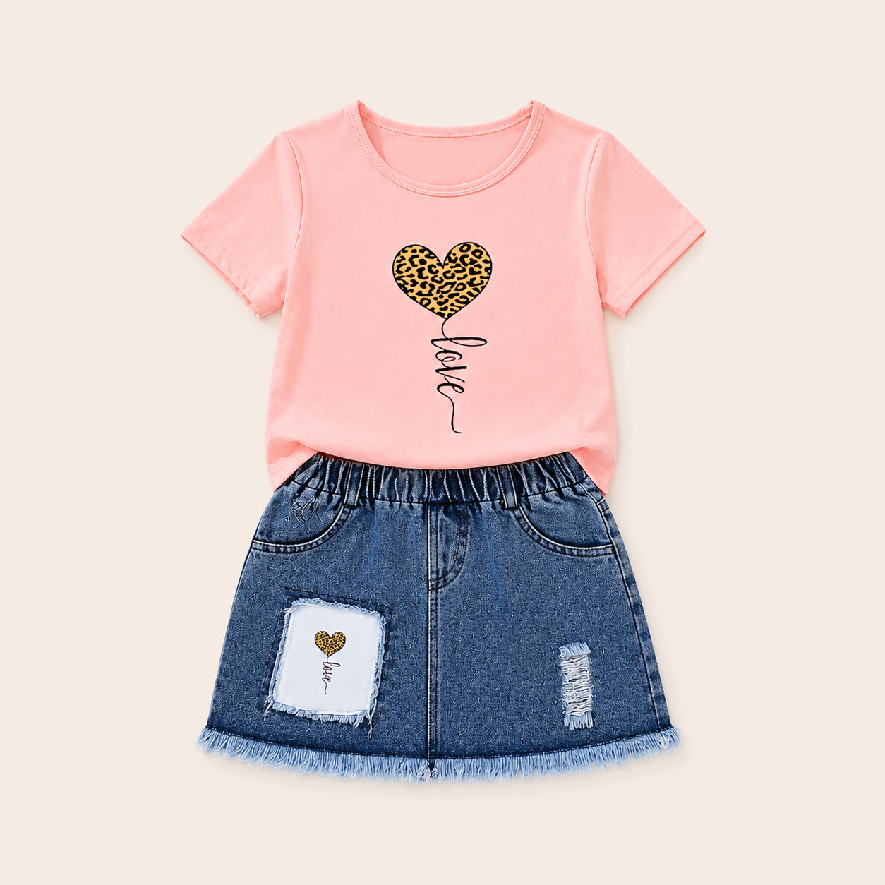 Stoere Set met Luipaardhart T-shirt en Denim Rok voor Meisjes