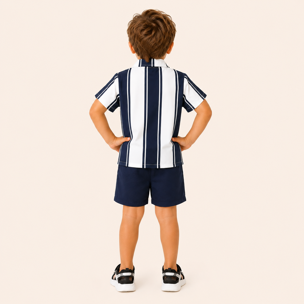 Jongens zomerset 2-delig – marine gestreept overhemd met donkerblauwe shorts